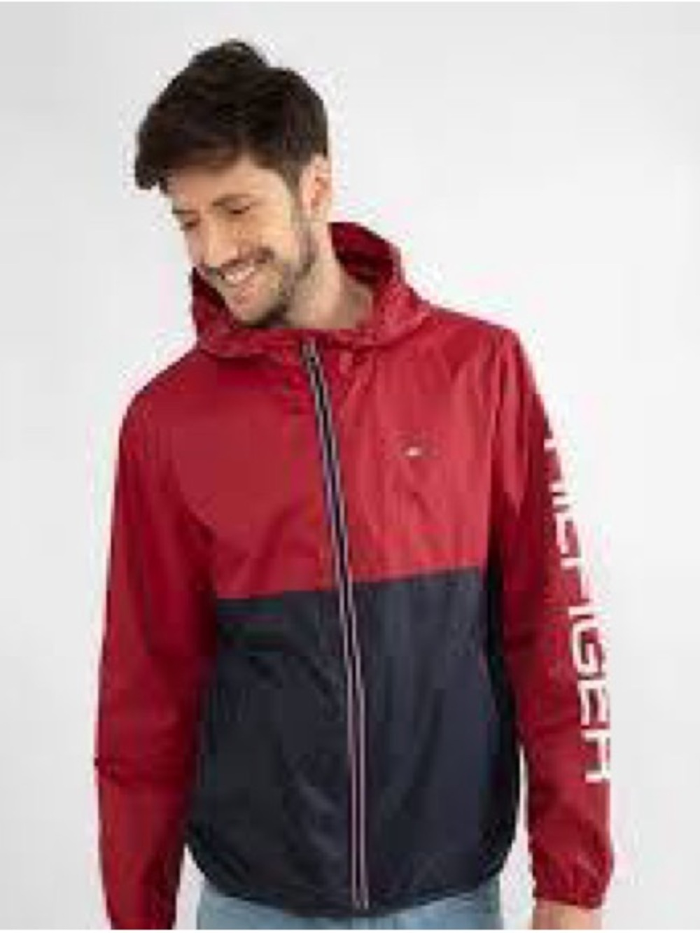 Tommy Hilfiger Red and Navy Colorblock Hooded Windbreaker